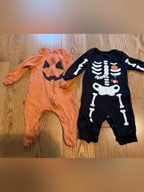 Old Navy Orange Pumpkin + Carters Black Skeleton Halloween Sleepers